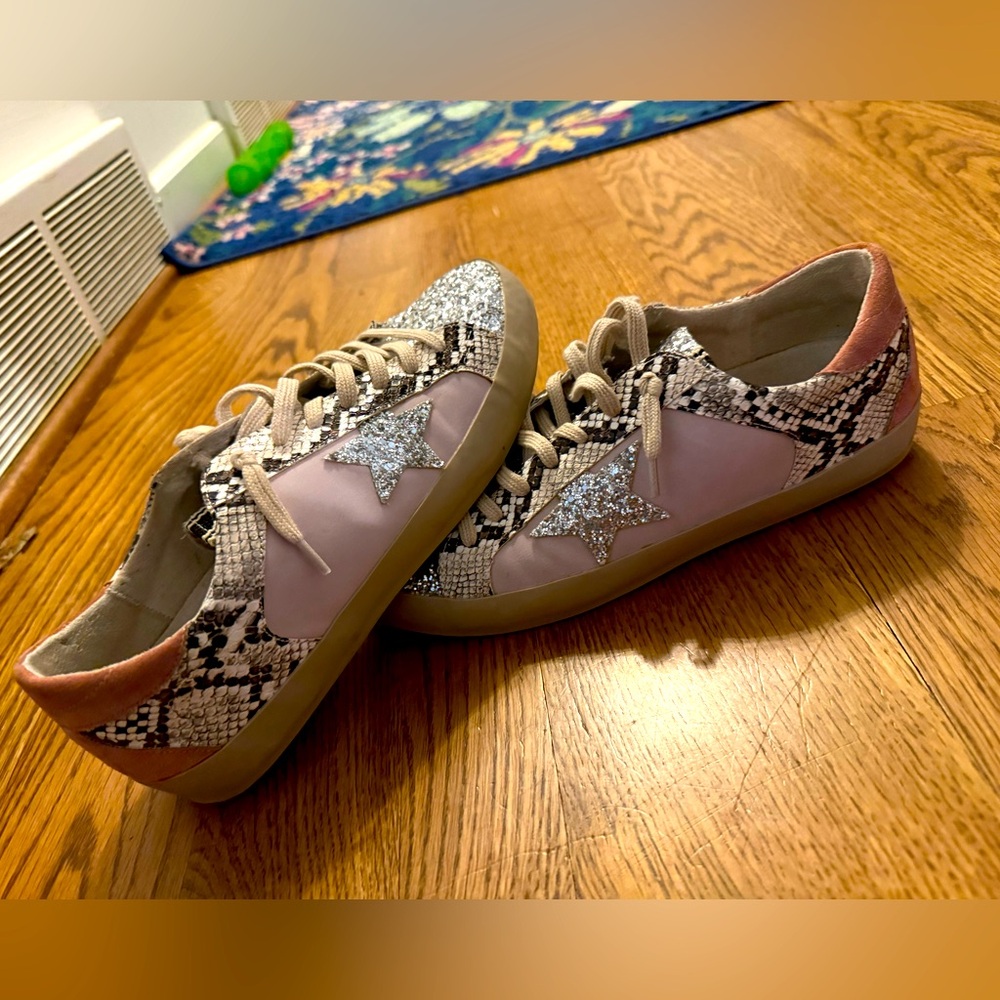ShuShop Pink and Snake Print Flats with Glitter Star
